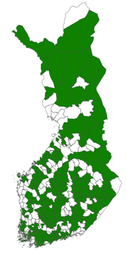 Kartta esittää vihreällä värillä kunnat, jotka ovat tehneet toukokuuhun 2024 mennessä toimenpiteitä Ryhti-järjestelmän käyttöönottamiseksi. Valtaosa kunnista on vihreällä värillä.