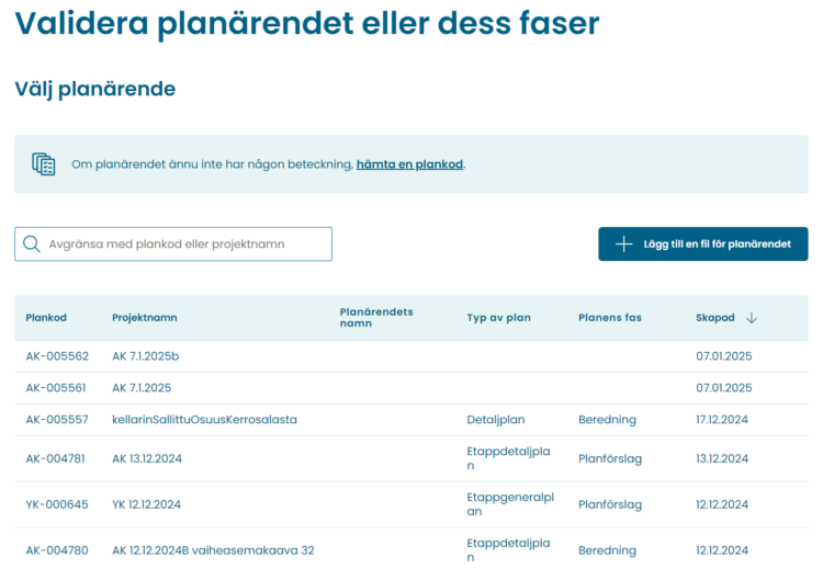 I den här vyn kan Informationsproducenten lägga till filer för önskat planärende via menyn genom de tre punkterna i slutet av posten för planärendet.