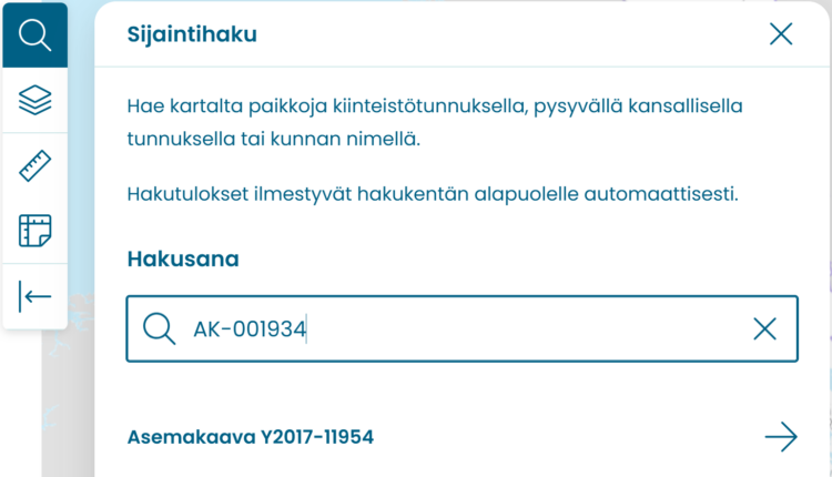 Ryhti-karttapalvelussa voi tehdä haun pysyvällä kaavatunnuksella. Tuloksissa kaava näkyy sillä nimellä, minkä kunta on sille antanut.