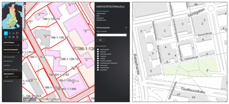 Kiinteistötietopalvelussa voi katsoa kiinteistöjen tietoja sekä rakennusten tietoja. Maanmittauslaitoksen taustakartalla näkyvät rakennusten osoitenumerot.