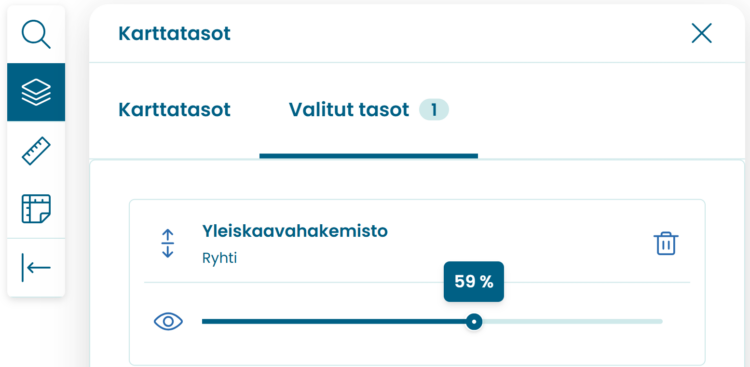 Ryhti-karttapalvelussa näkee valitsemansa tasot ja voi vaihtaa niiden läpinäkyvyyttä.