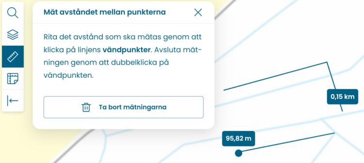 Du kan mäta avstånd i Ryhti-karttjänsten. Rita det avstånd du vill mäta genom att klicka på linjens vändpunkter. Avsluta mätningen genom att dubbelklicka på vändpunkten. Du kan också ta bort dina mätningar.