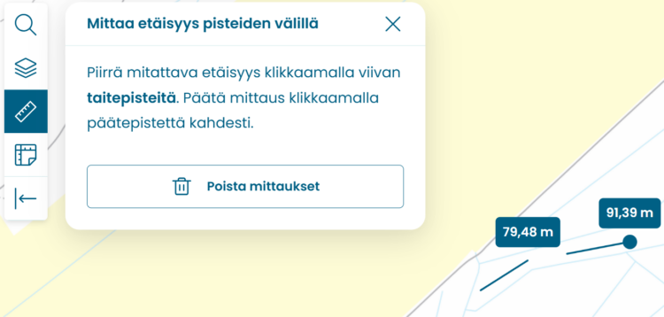 Voit mitata etäisyyksiä Ryhti-karttapalvelussa. Piirrä mitattava etäisyys klikkaamalla viivan taitepisteitä. Päätä mittaus klikkaamalla päätepistettä kahdesti. Voit myös poistaa tekemäsi mittaukset.