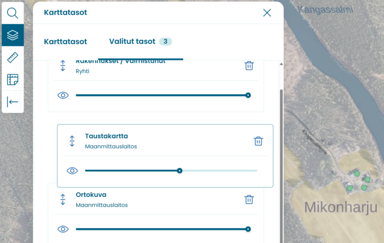 Ryhti-karttapalvelussa voi vaihtaa karttatasojen järjestystä. Järjestystä voi muuttaa raahaamalla tasojen nuolisymbolin kohdalta.