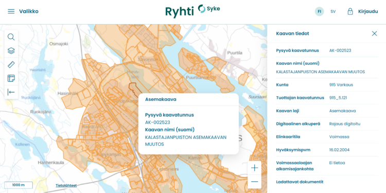 I Ryhti-karttjänsten kan man utforska information om markanvändning och byggande.