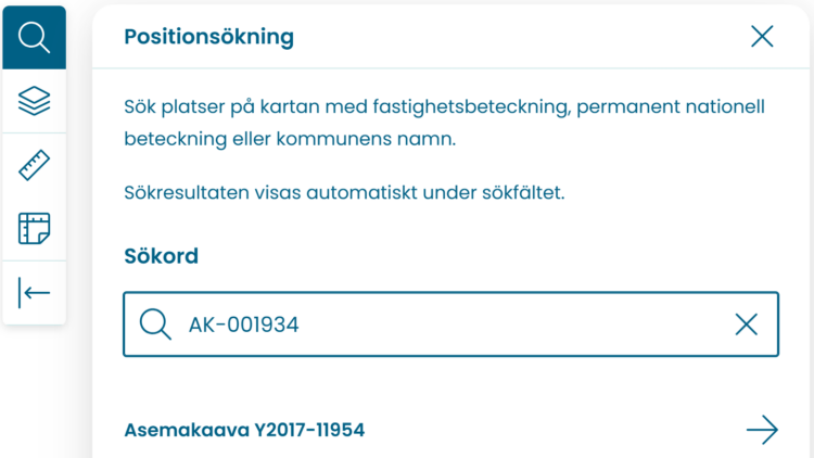 I Ryhti-karttjänsten kan man göra en sökning med en permanent plankod. I sökresultaten visas planen med det namn som kommunen har gett den.