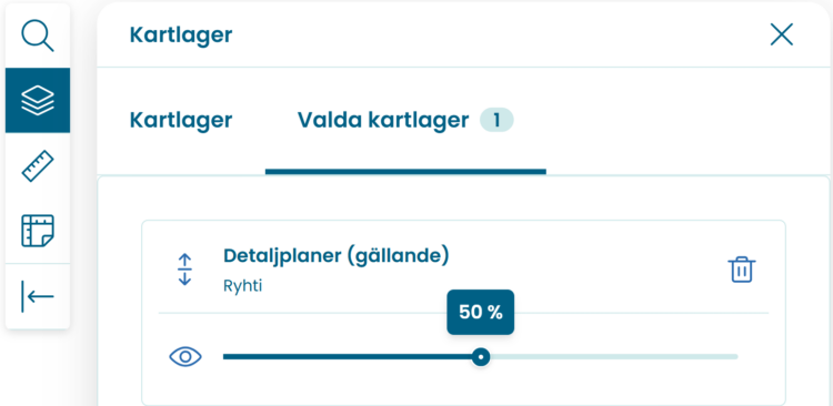 I Ryhti-karttjänsten kan man se de valda lagren och justera deras transparens.