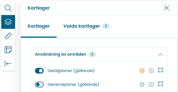 Kartlagret som är kopplat till detaljplaner har aktiverats via en brytaren.