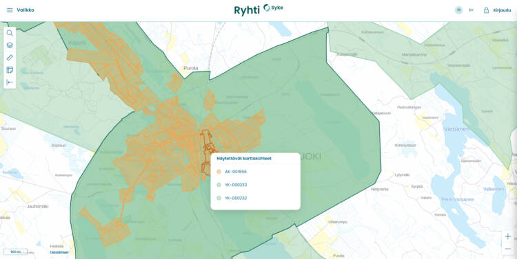 I Ryhti-karttjänsten kan man undersöka avgränsningar av planområden samt mer detaljerad information om planer.