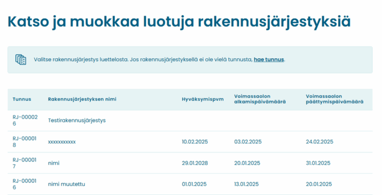 Kuvakaappaus näkymästä, joka sisältää taulukon tallennetuista rakennusjärjestyksistä.