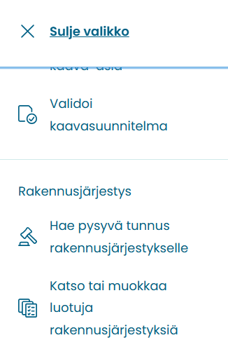 Kuvakaappaus palvelun vasemman reunan valikosta, jossa on vaihtoehto "Hae pysyvä tunnus rakennusjärjestykselle".