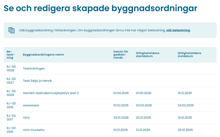 Skärmbild av vyn som visar en tabell över sparade byggnadsordningar.